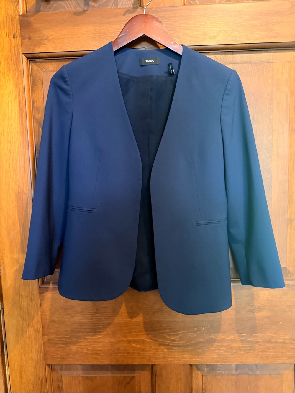 Theory Navy Collarless Open-Front Blazer 3/4 Sleeve